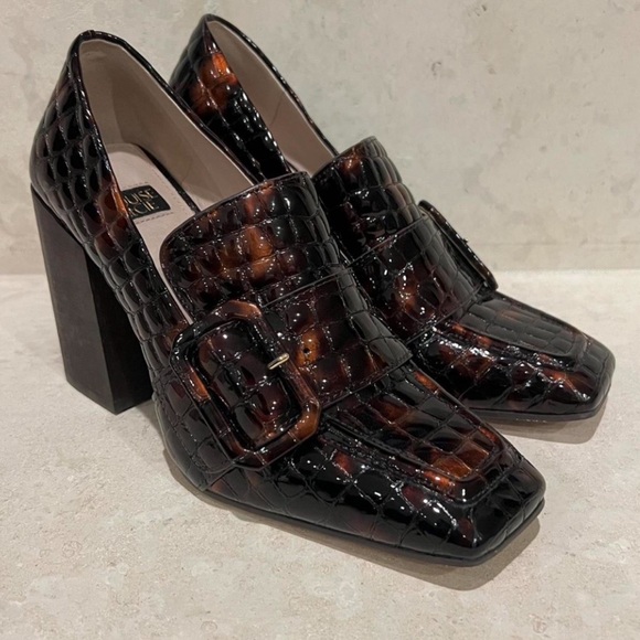 Louise et Cie Shoes - Louise et Cie Ovidio Croc-Embossed Leather Block Heel Loafers Brown Size 7